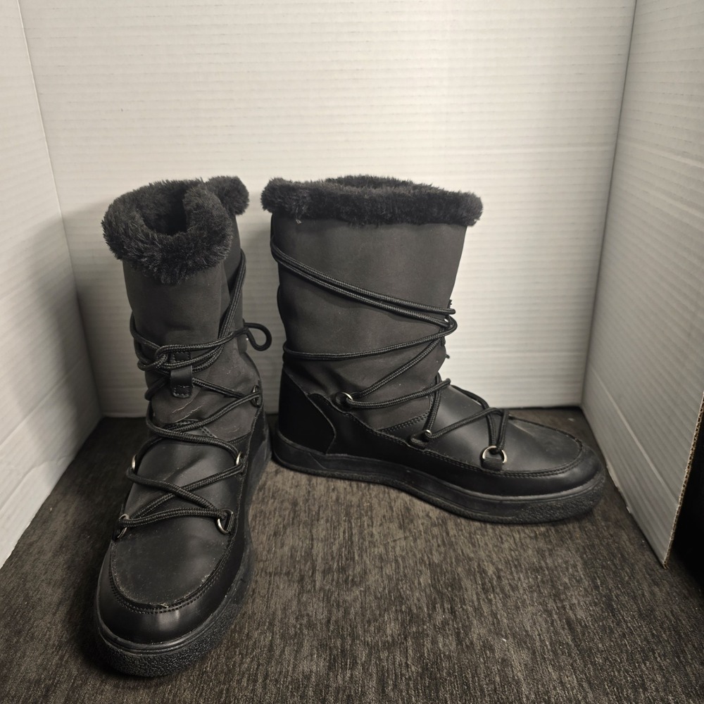 Esmara Waterproof Black Snow Boots Faux Fur Trim Lace Up Mid Calf Womens Size 7